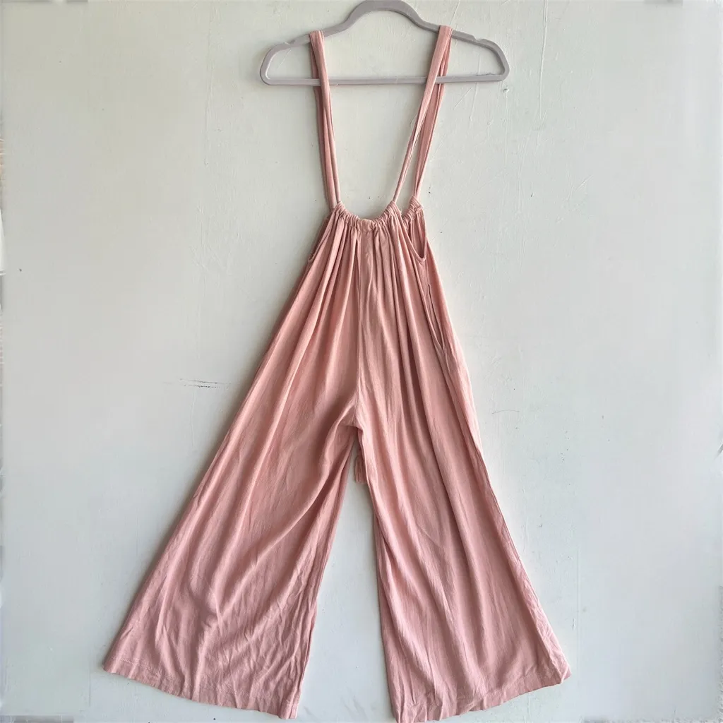Mazik Boho Pink Linen Wide Leg Suspender Jumpsuit Overalls with Tassels NEW Size M - Image 3