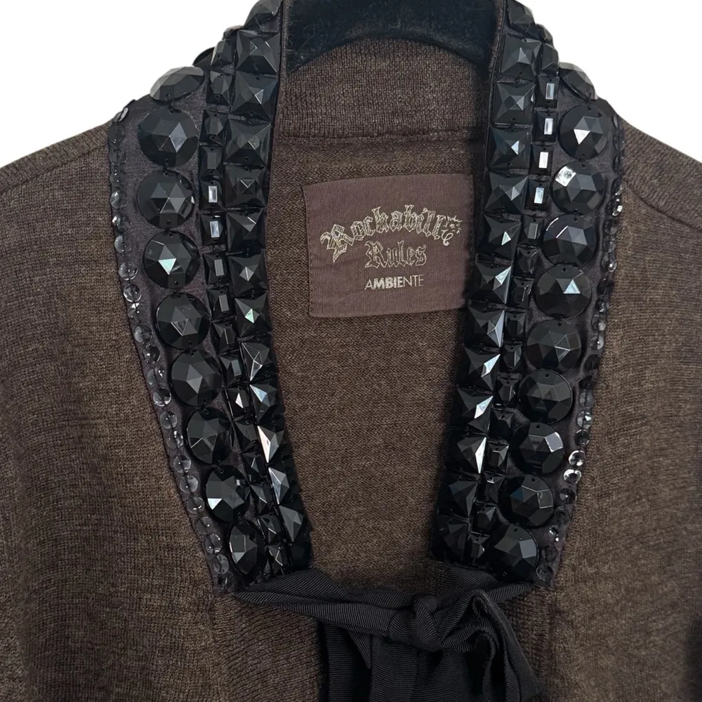 Rockabilly Rules Ambiente Brown Wool Black Collar Beaded Cardigan Size L Size L - Image 4