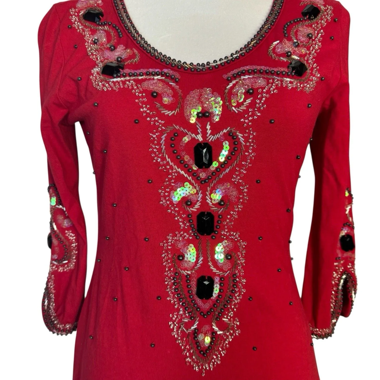 Azi Beaded Sequin Tunic Top Size S Red Y2K Goth Whimsigoth Fairy Grunge Vintage - Image 2