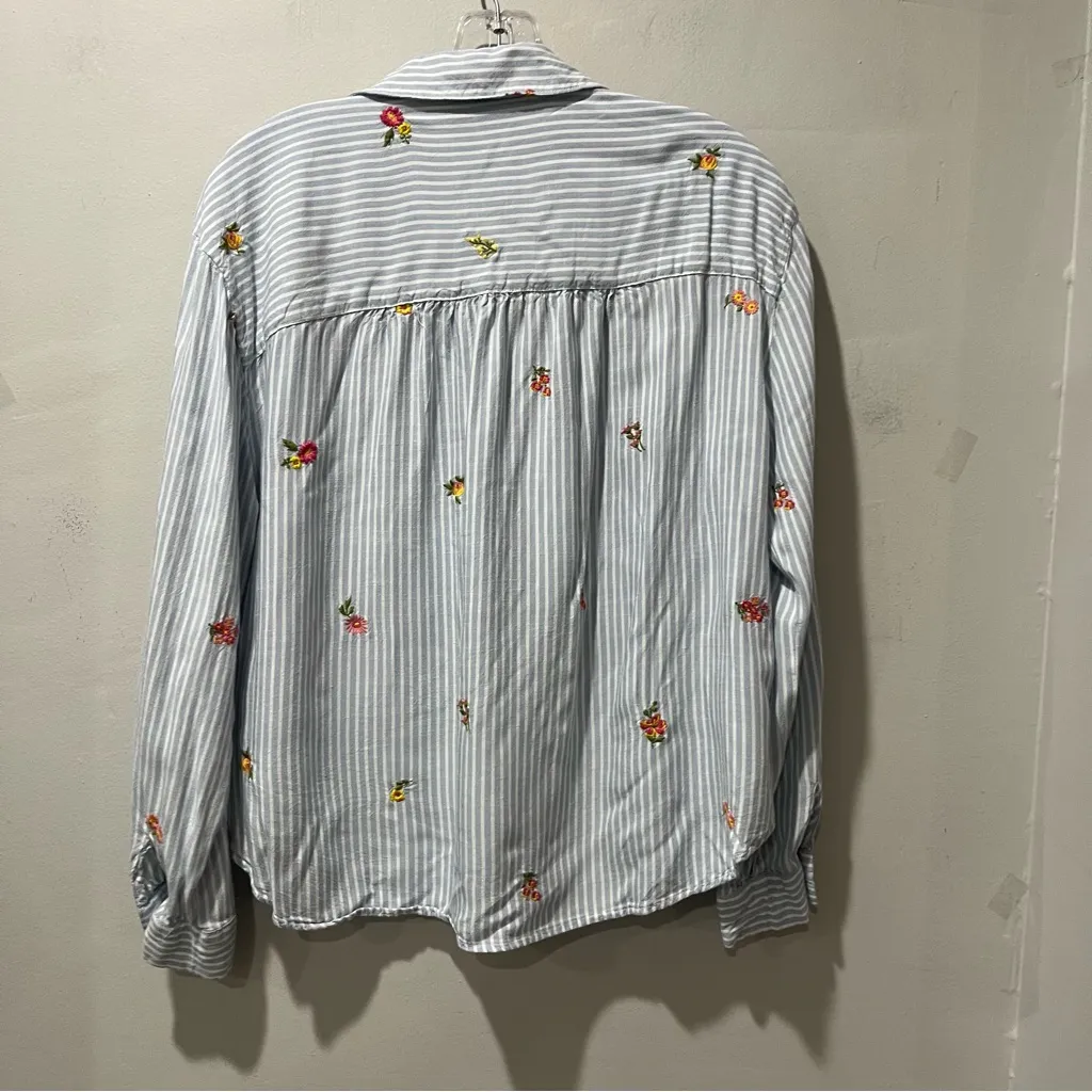Jane & Delancey Long Sleeve Striped Casual Button Blouse L Embroidered Flowers - Image 8
