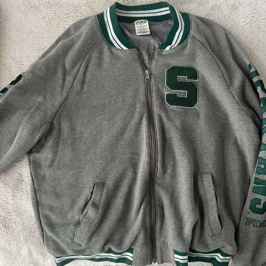 Women's PINK by VS Michigan State University Spartans Varsity Jacket M Gray Size M - Image 3