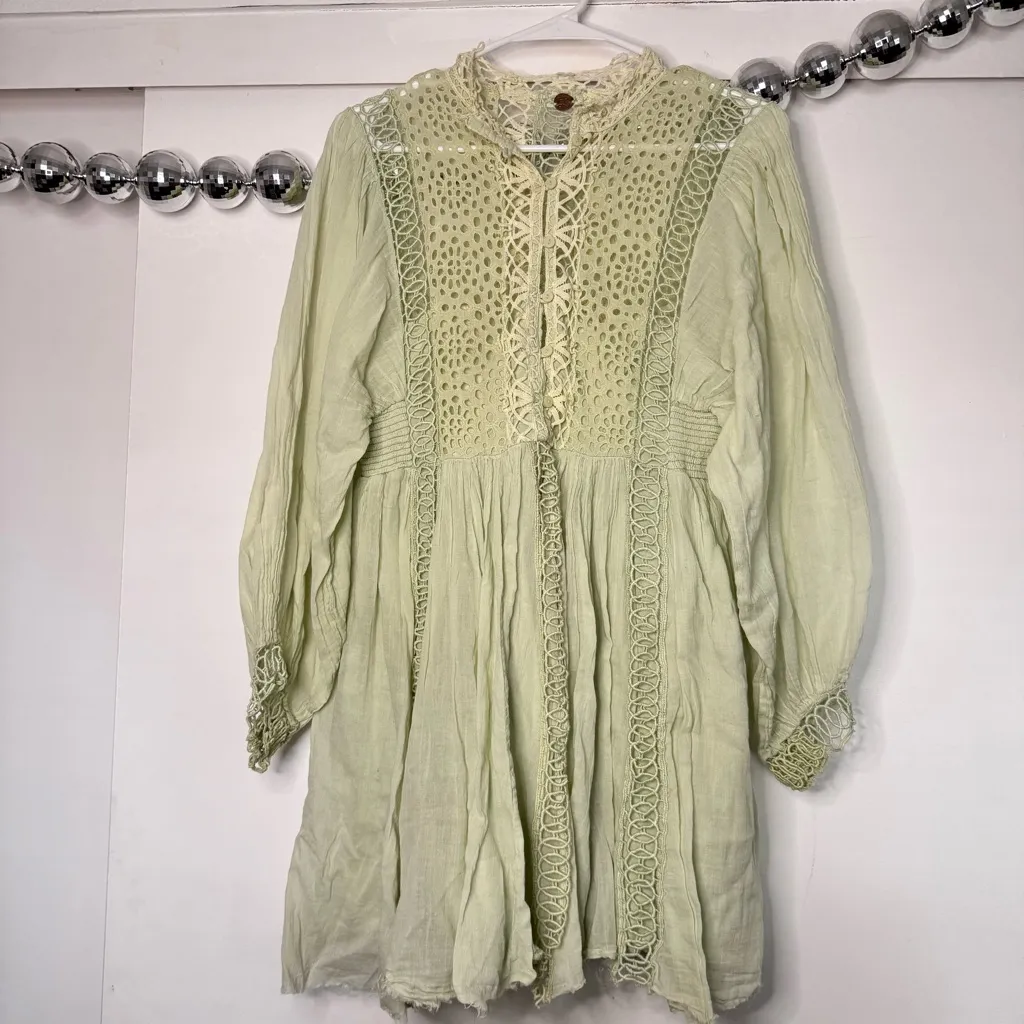 Free People One Karma Lace Mini Dress Light Green Cotton Gauze - Image 3