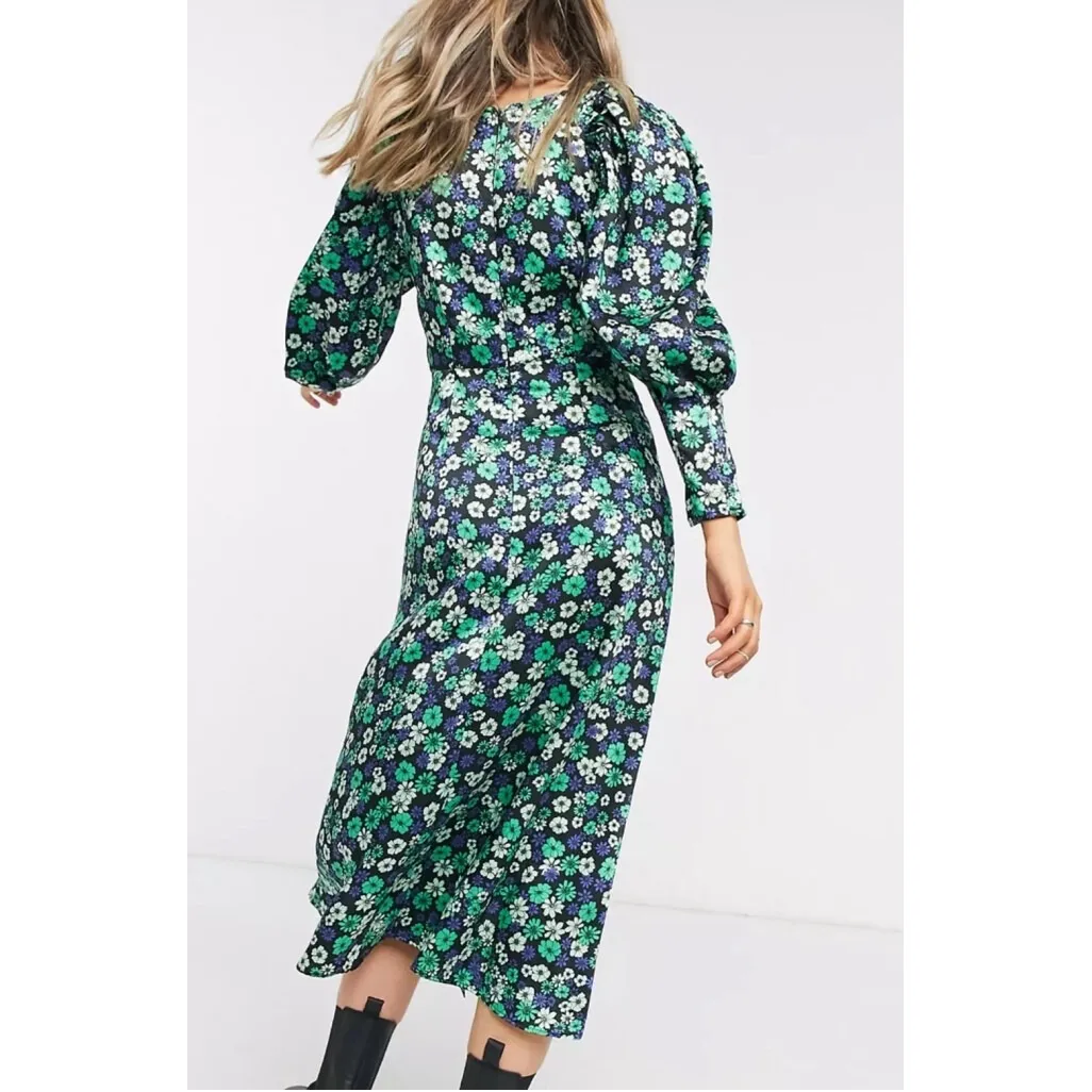 Topshop satin floral print midi dress‎ in green, Size 14 - Image 2