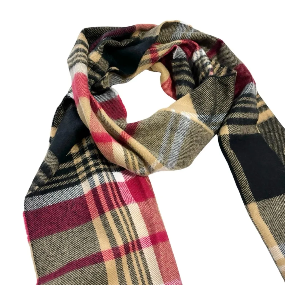 Women’s Better Than Cashmere red tan black plaid fringe scarf - Image 3