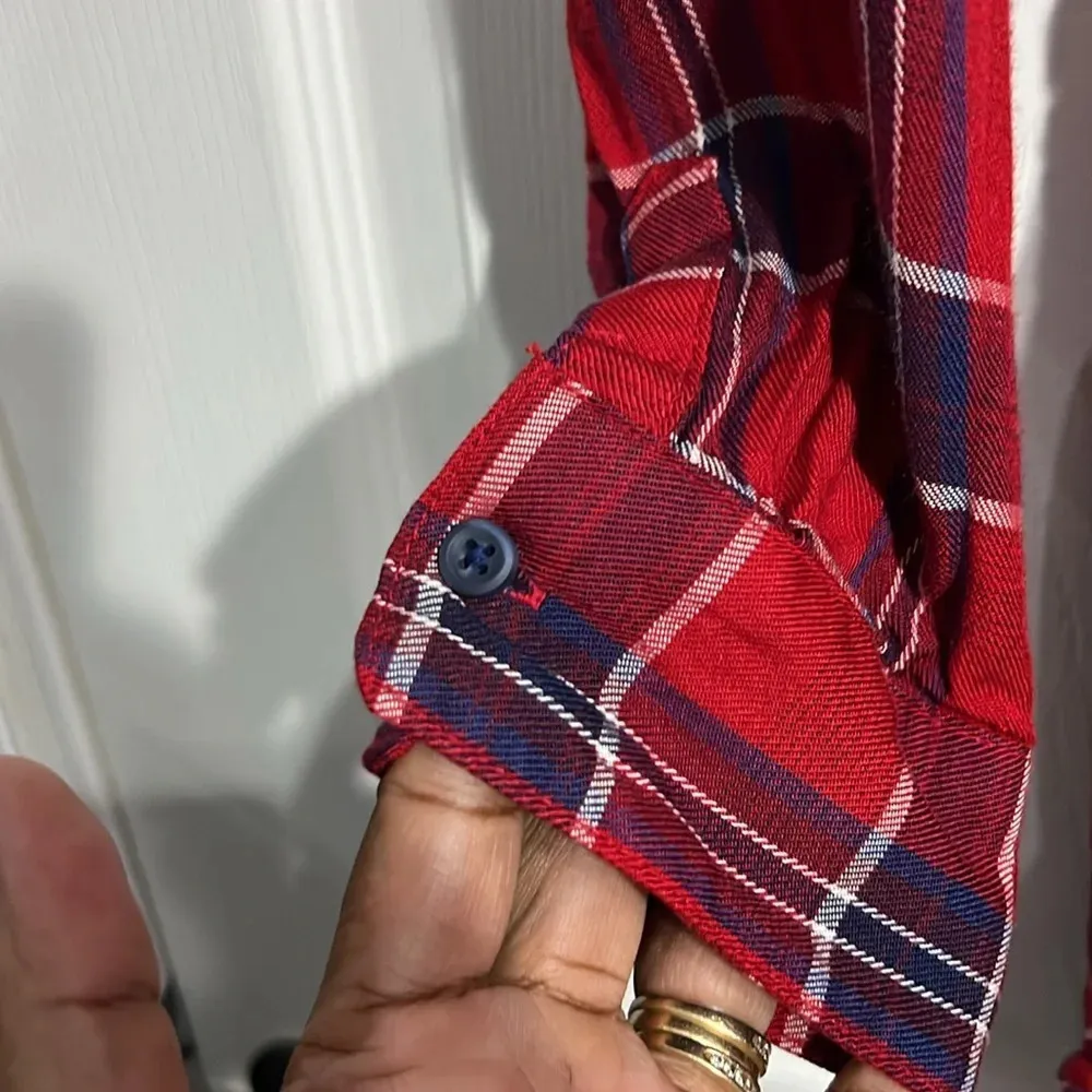 Isabel Maternity Red & Blue Plaid Long Shirt with Removable Tie Belt Size XS - Image 5