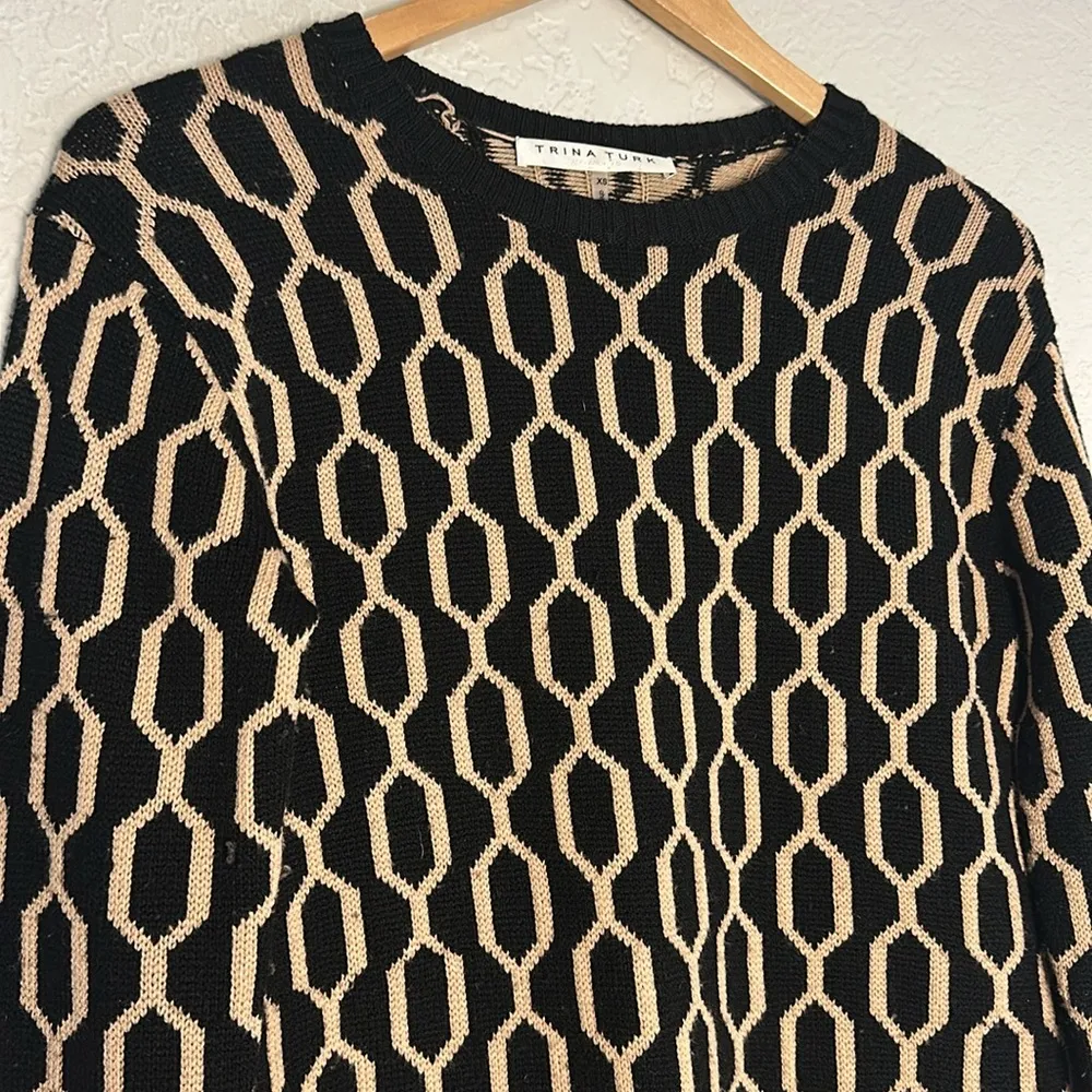 Trina Turk Merino Wool Y2K Sweater Womens XS Oversized Black Tan Geo - Image 2