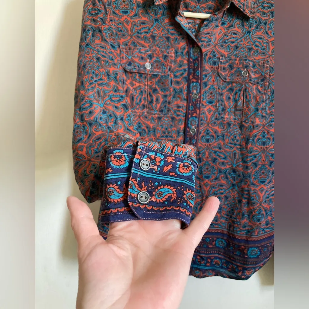 Lucky Brand Blue Orange Paisley 100% Silk Boho Button Up Long Sleeve Blouse #Br - Image 8