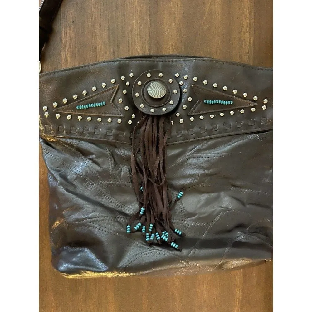 Brown leather BOHO Southwest fringe bag purse studded Turquoise Accent Aztec - Image 3