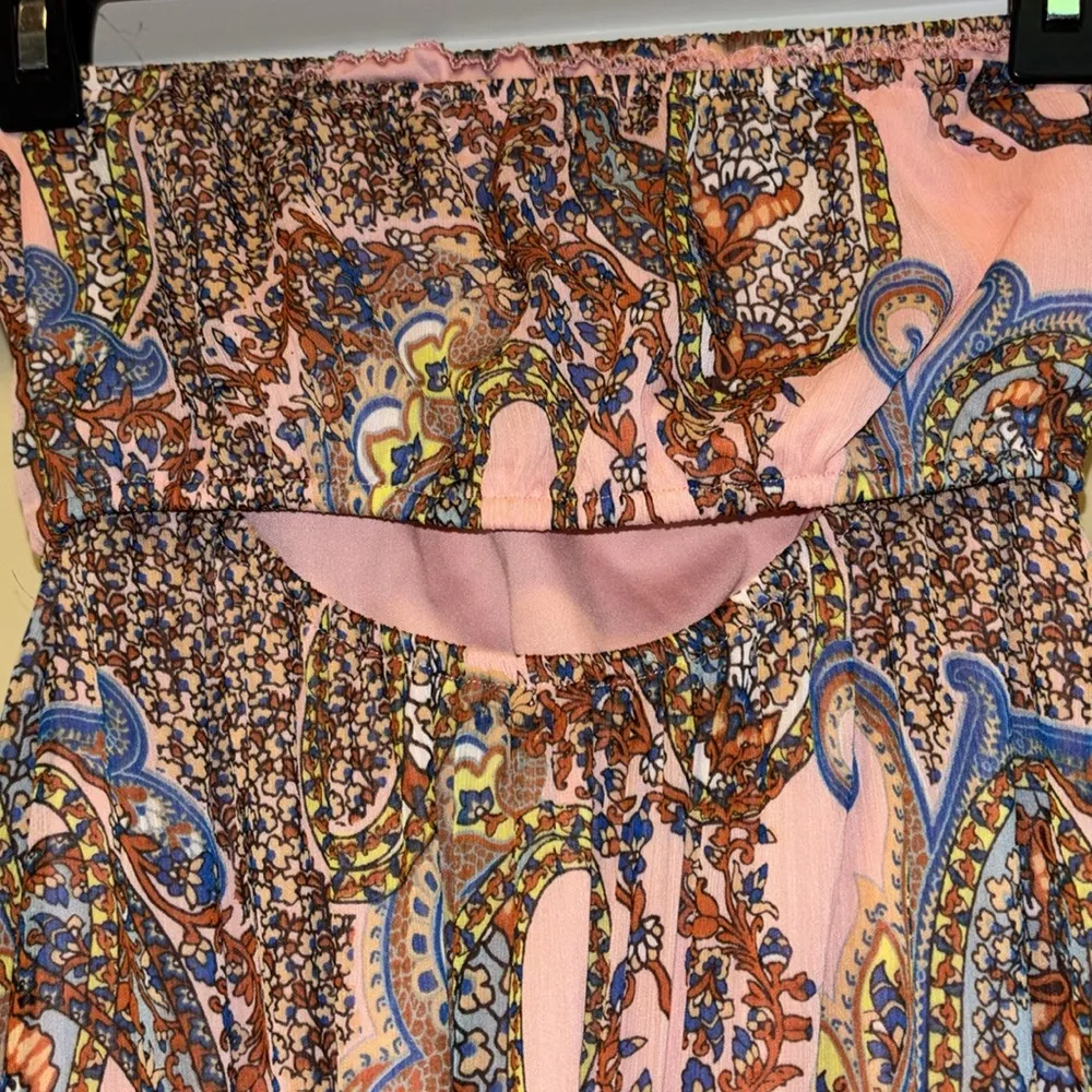 LOVE, FIRE STRAPLESS PINK PAISLEY MAXI DRESS ELASTIC TOP PEEP HOLE ON BACK CUTE - Image 8