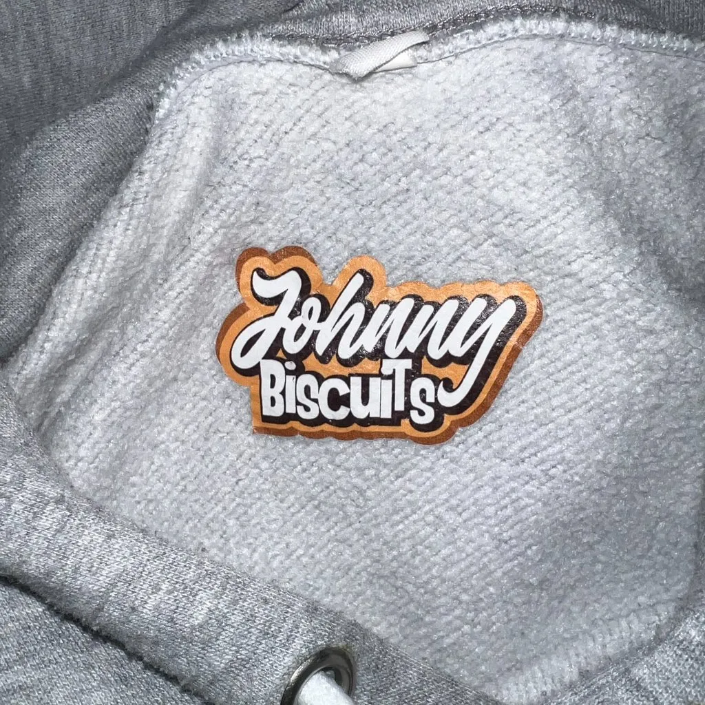 Johnny Biscuits Graphic Hoodie Sweatshirt Gray Pullover Kangaroo Pocket. Size L - Image 5