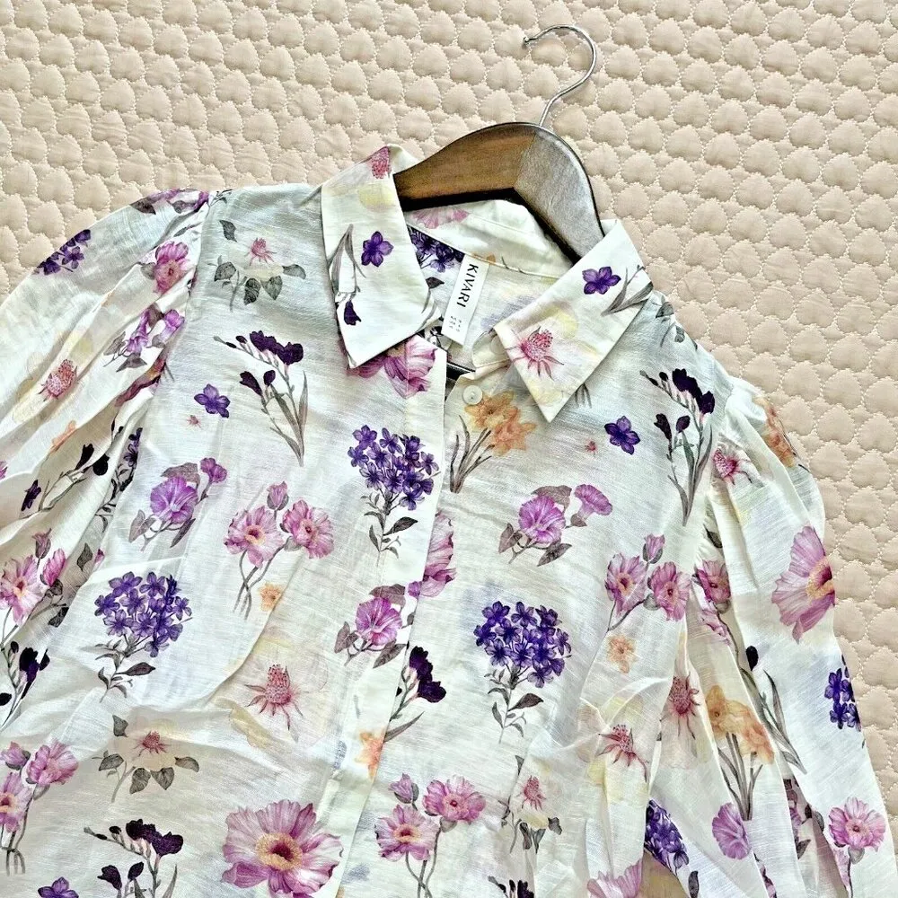 $398 NWOT Kivari Linen blend Shirt Women's Size 6 Blouse Floral Long sleeve Purple - Image 4