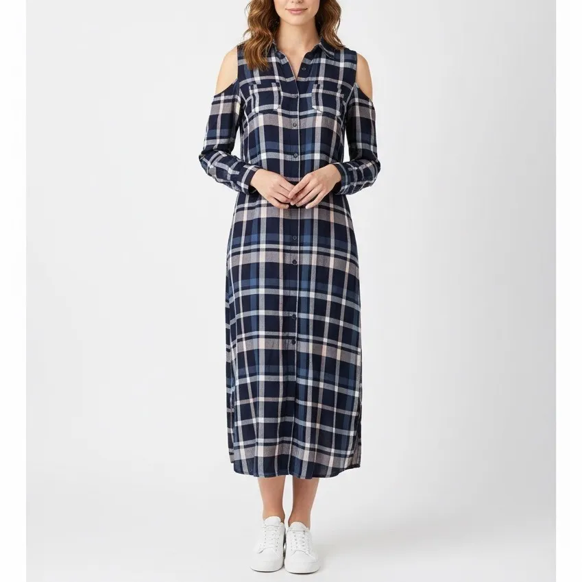 Maison Jules Plaid Cold Shoulder Maxi Shirt Dress Navy Pink Blue XS Tie Waist - Image 6