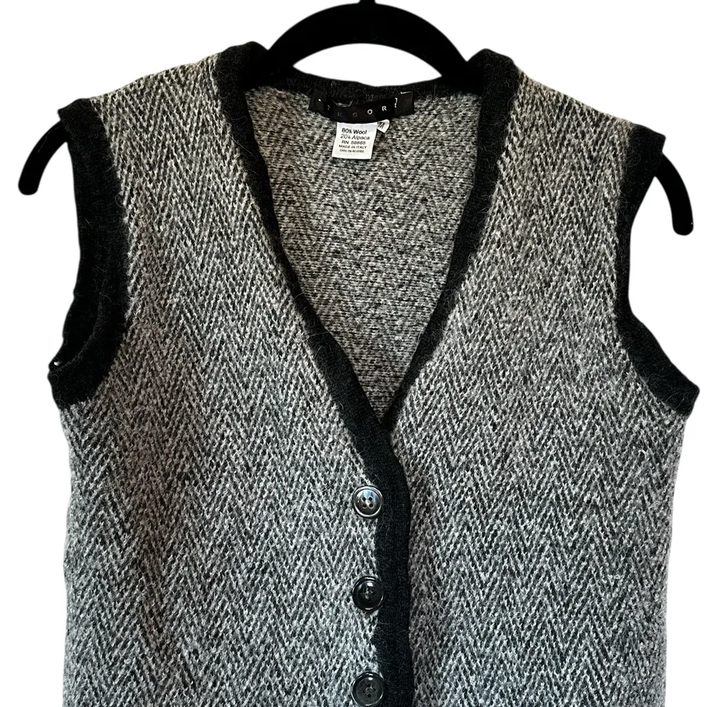 TESORI Cardigan Sweater Vest Wool Alpaca Classic Preppy Gray Herringbone Size M Size M - Image 2