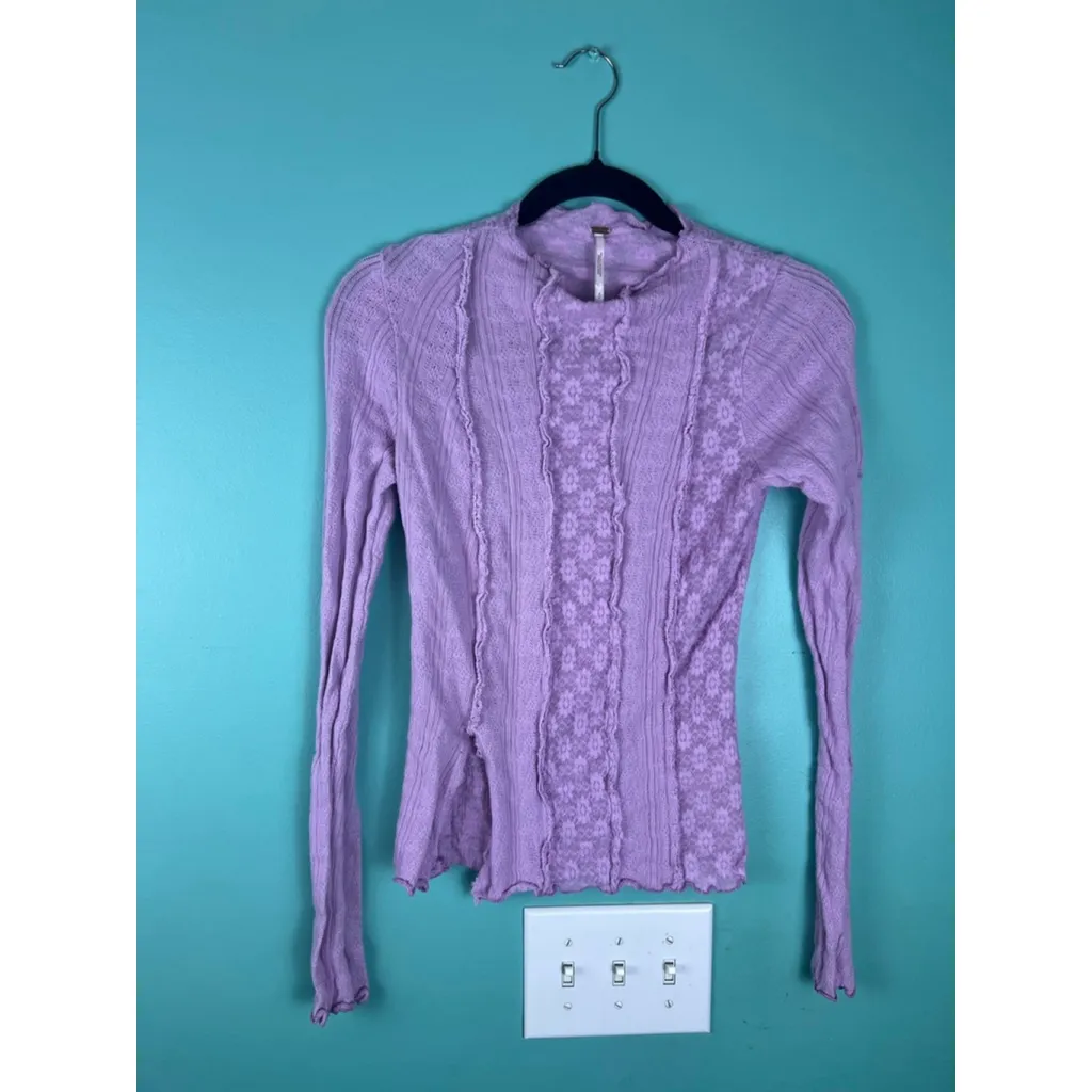 Free People Orchid Lula Thermal Top | Waffle Knit Lettuce Edge Long Sleeve | S - Image 2