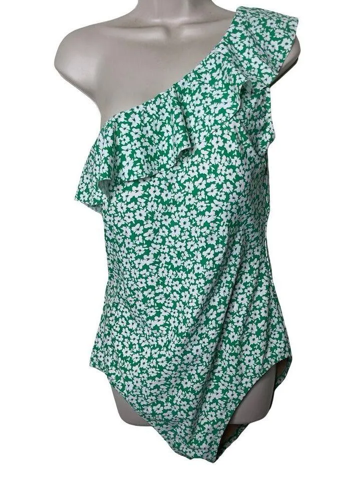 NWT J.Crew Swimsuit Sz L Green Floral Printed Ruffle One-Shoulder - Image 4