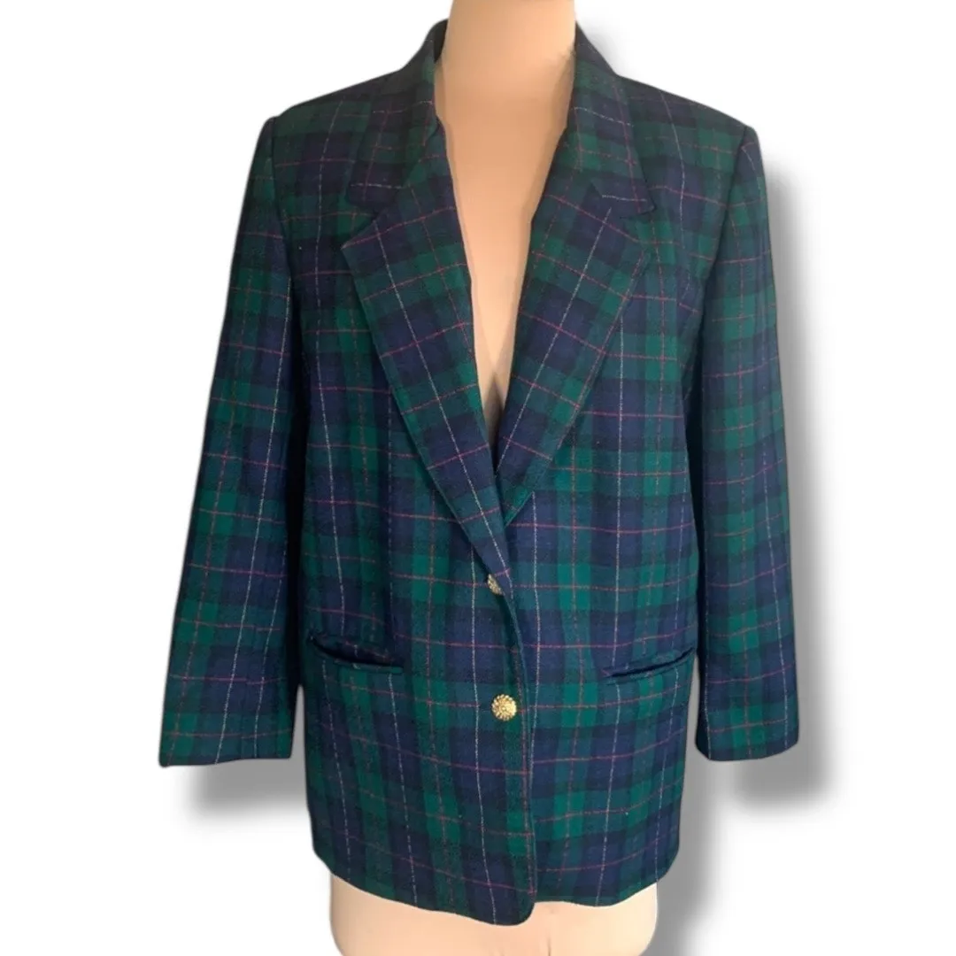 Vintage 90s Green Navy Plaid Wool Blazer Gold Button Petite 16 Preppy Old Money Blue Size 16P - Image 12