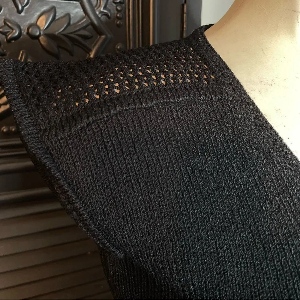 Vintage 70s St. John Knit Dress Crochet Cottagecore‎ Cap Sleeve Pockets Black - Image 4