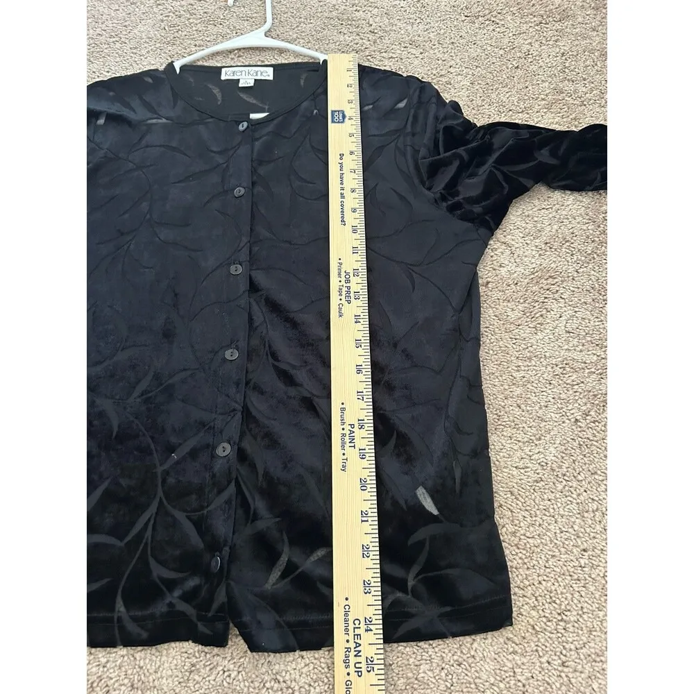 Karen Kane Black Velvet Sheer Plant Design Long Sleeve Button Blouse Size L - Image 6