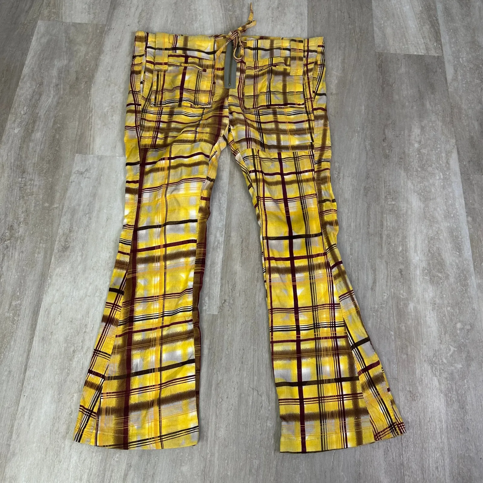 Farm Rio Yellow Plaid Low Rise Flare Pants Y2K Women’s US Small - Image 2