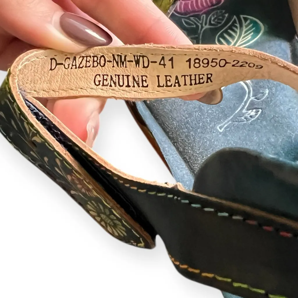 Navy L’artiste Floral Wedge Sandals | Size 10 | hand painted leather shoes Blue - Image 2