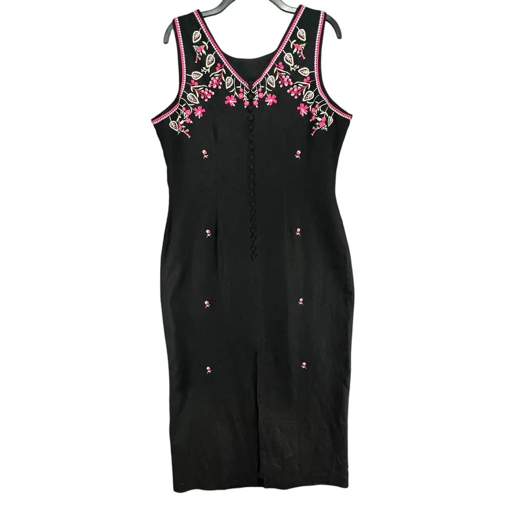 Vintage Citi Dress Womens 16 Black Embroidered Floral Linen Blend Slit Folk Boho - Image 7