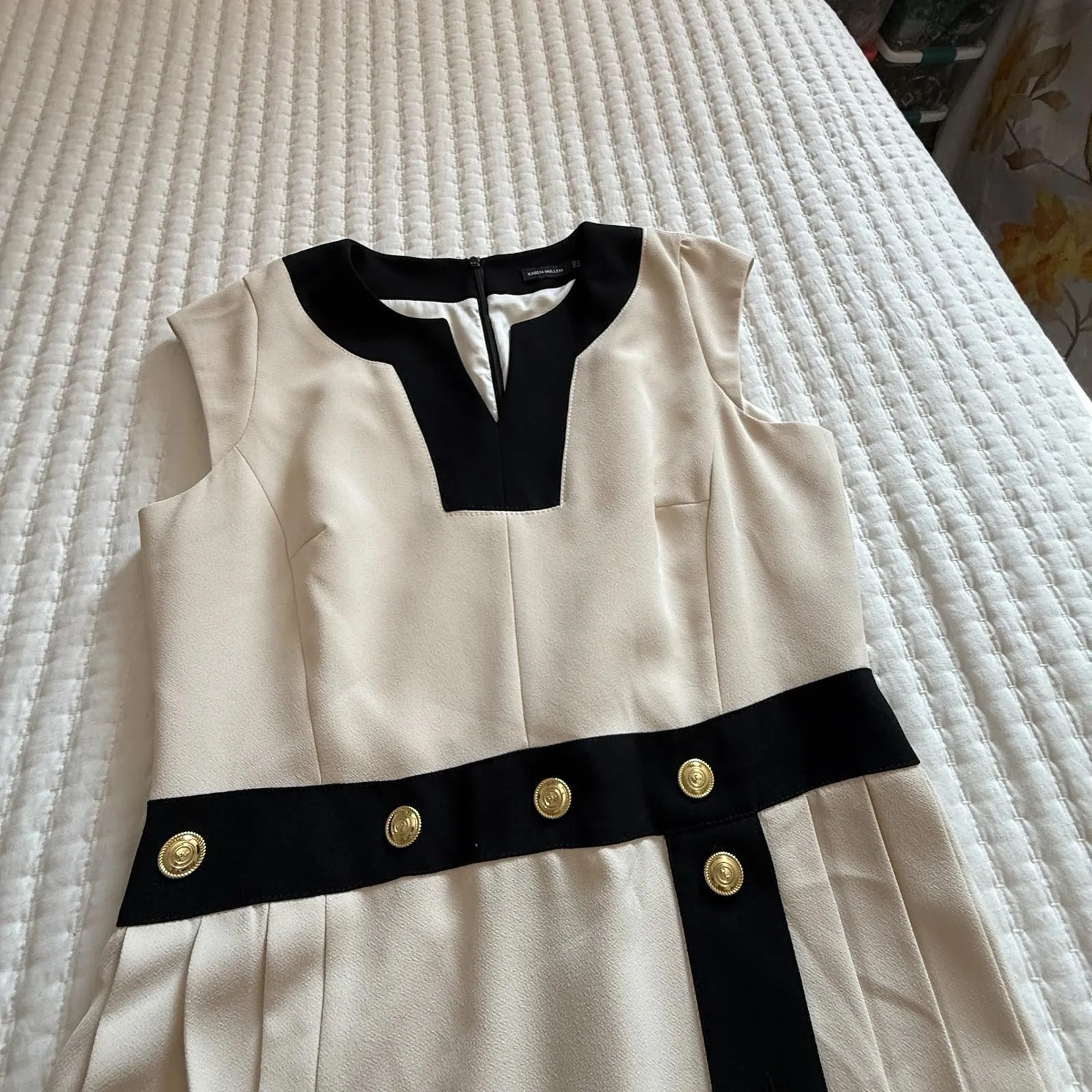 Donna Karan Pleated Military Button Midi Dress Off White/Gold/Black Sz 14 NWT - Image 12