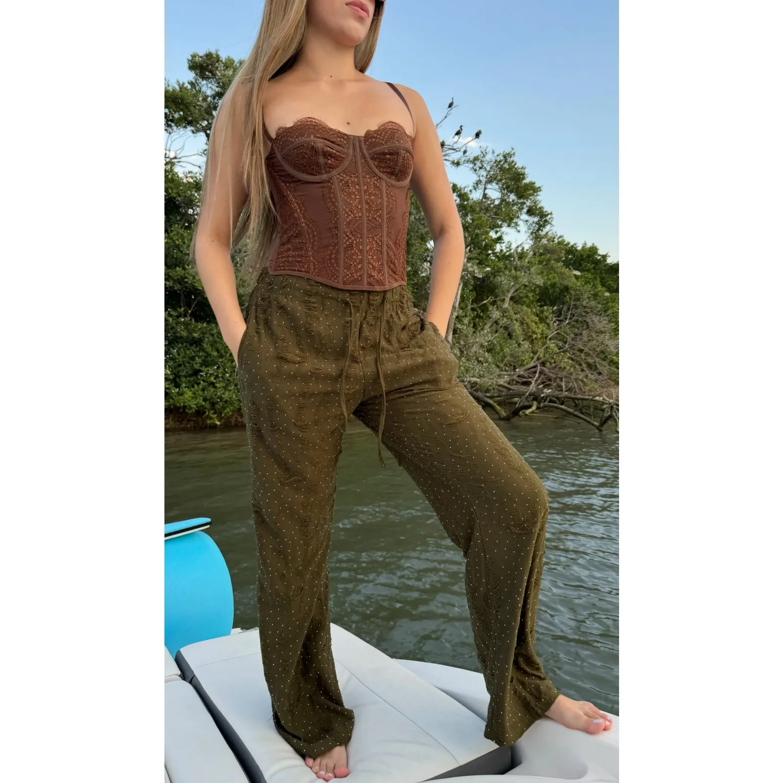 Rhinestone drawstring lounge pants Green Size L - Image 3