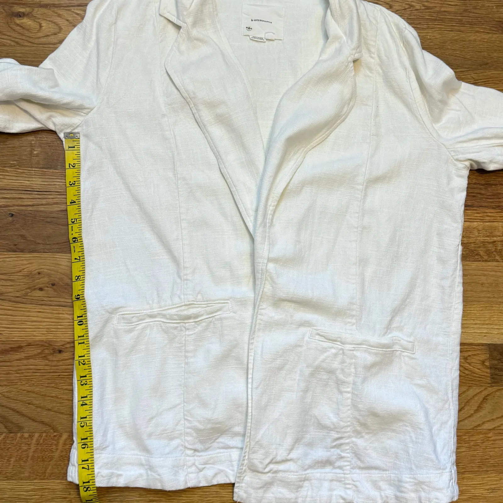 Anthropologie Womens 12 Linen White Long Sleeve Open Front blazer Tuxedo Pockets - Image 6