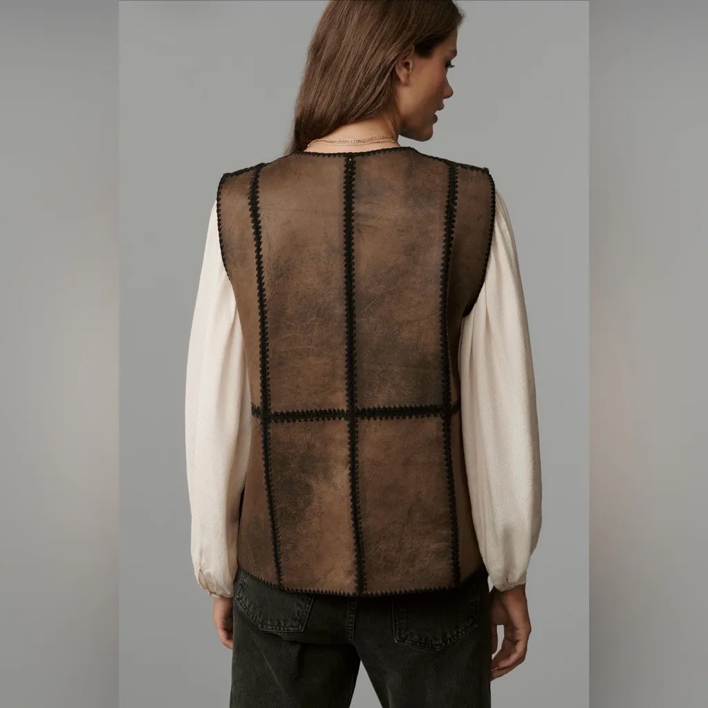 By Anthropologie Stitched Sherpa Fleece Vest Brown XS - Image 3