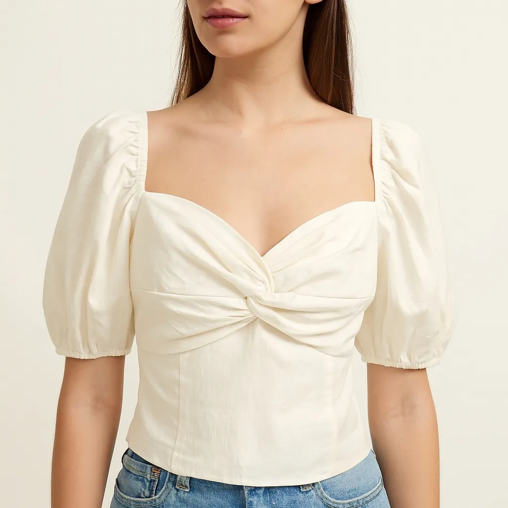 Elodie Twist Front Puff Sleeve Sweetheart Neckline Cropped Top In White Size M - Image 9