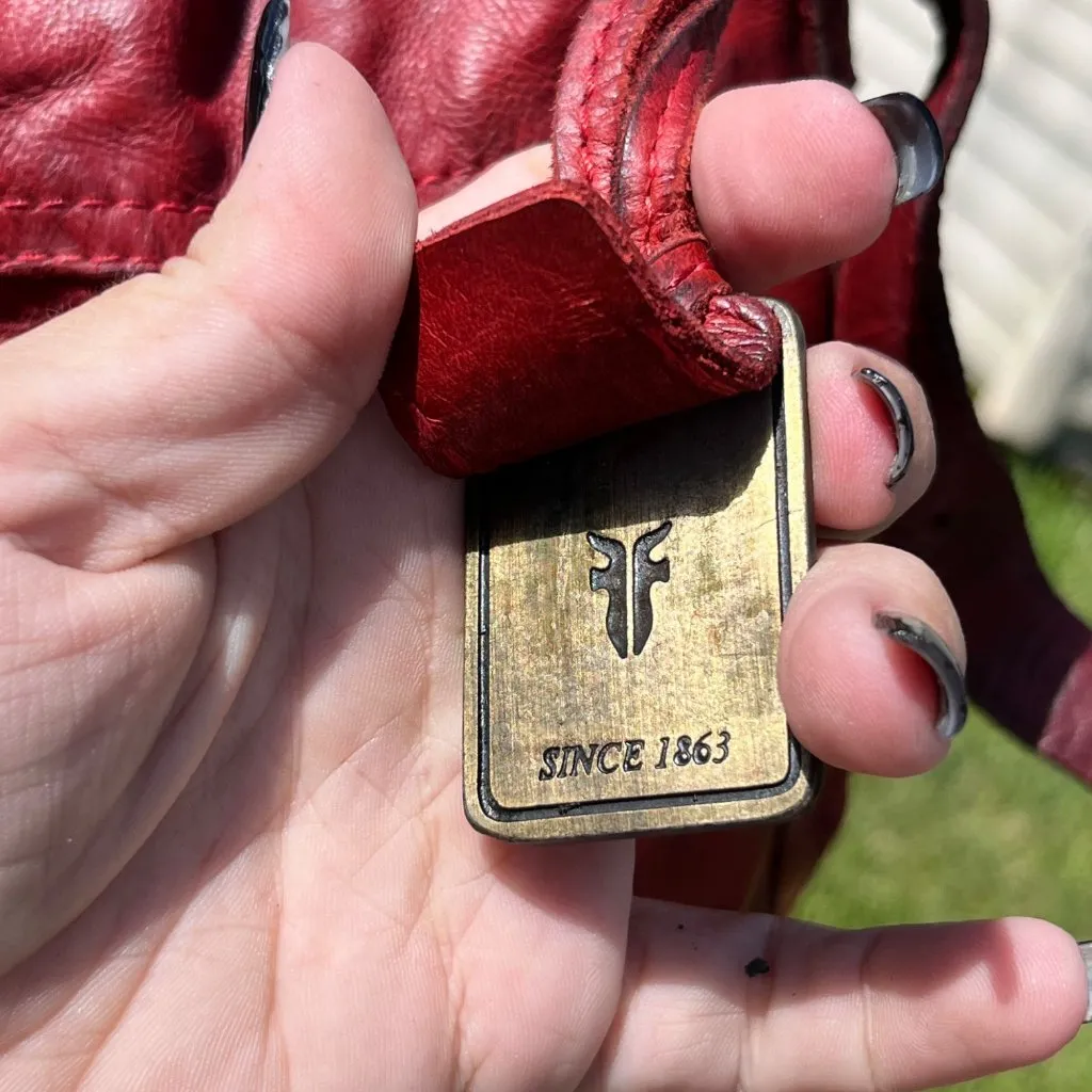 Frye Brooke Red Leather Studded Distressed Drawstring Bucket Bag - Image 12