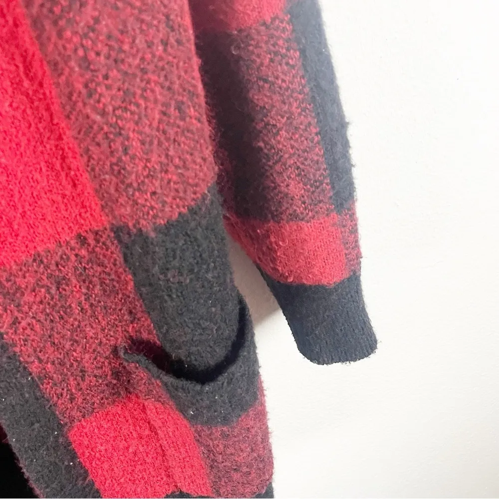 LUCKY BRAND Red Black Checkered Wool Blend Long Open Cardigan, Size Medium - Image 5
