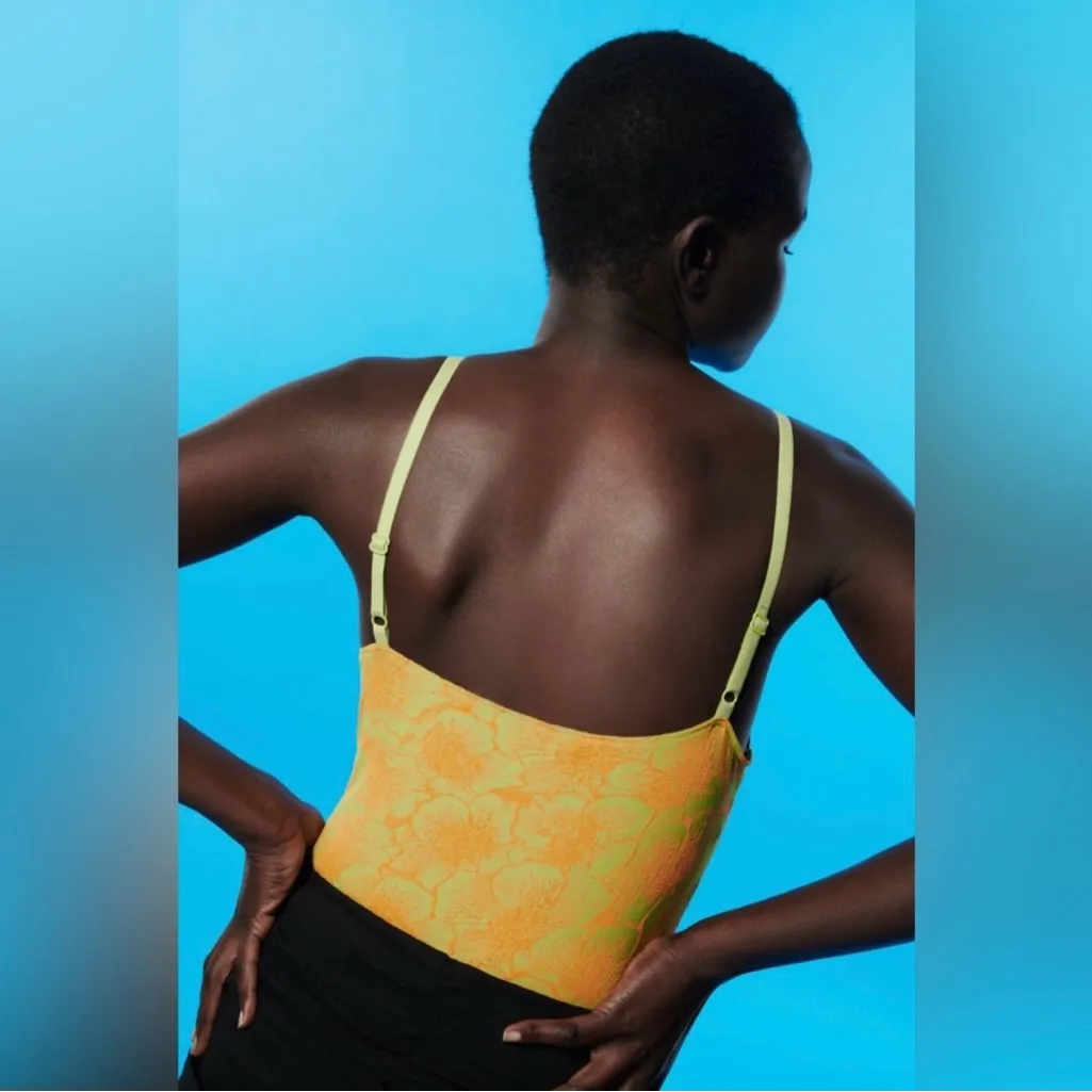 ZARA Cut Out Peek-a-Boo Floral‎ Jacquard Bodysuit Top Orange & Green Size Medium - Image 4