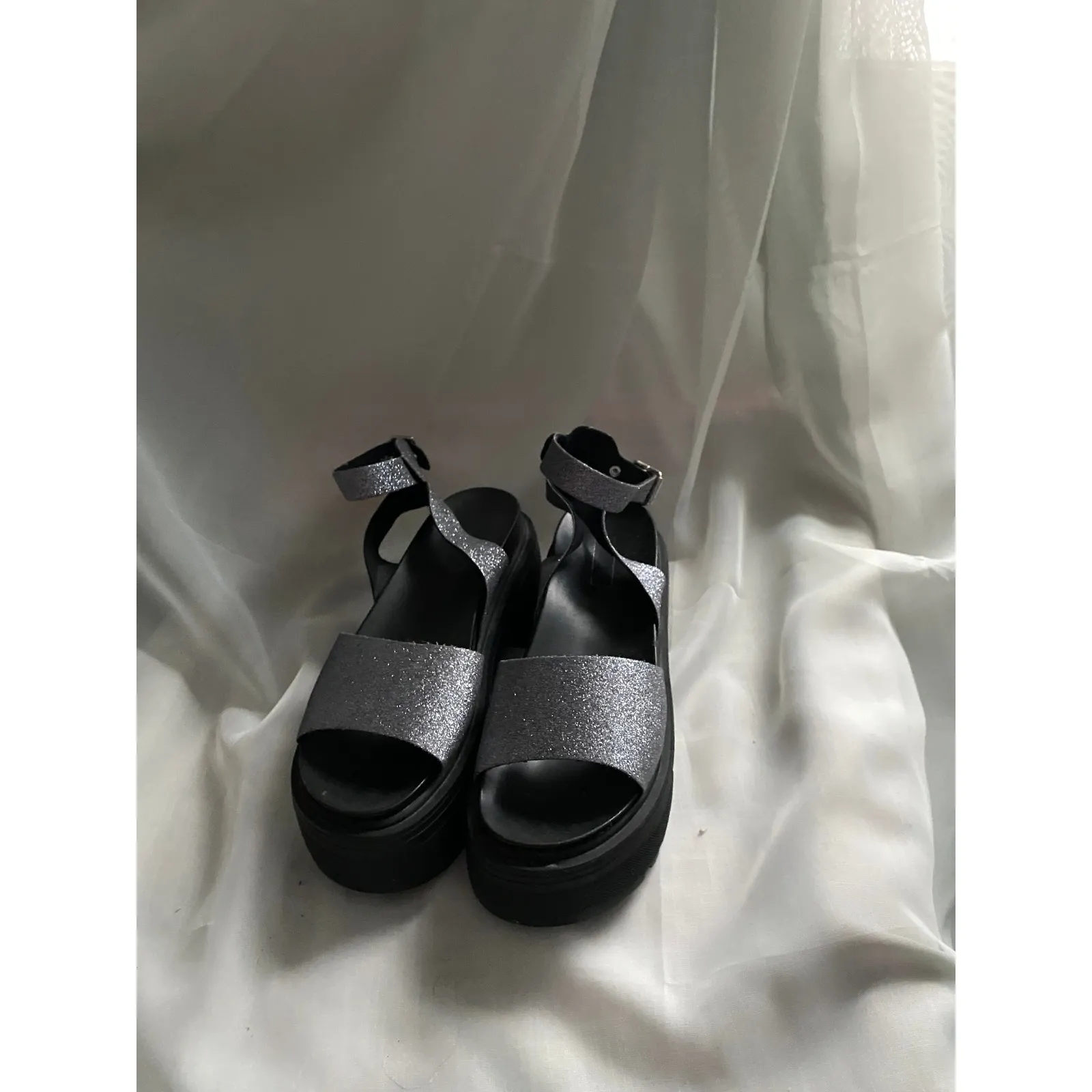 Topshop Glitter Platform Chunky Heel Silver Sandals 9.5 Disco Party Festival Y2K - Image 3