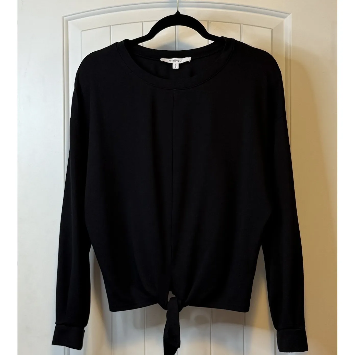 Relative Women Black Crew Neck Blouse Sz L Dolman Long Sleeve Boxy Hem Front Tie Size L - Image 2