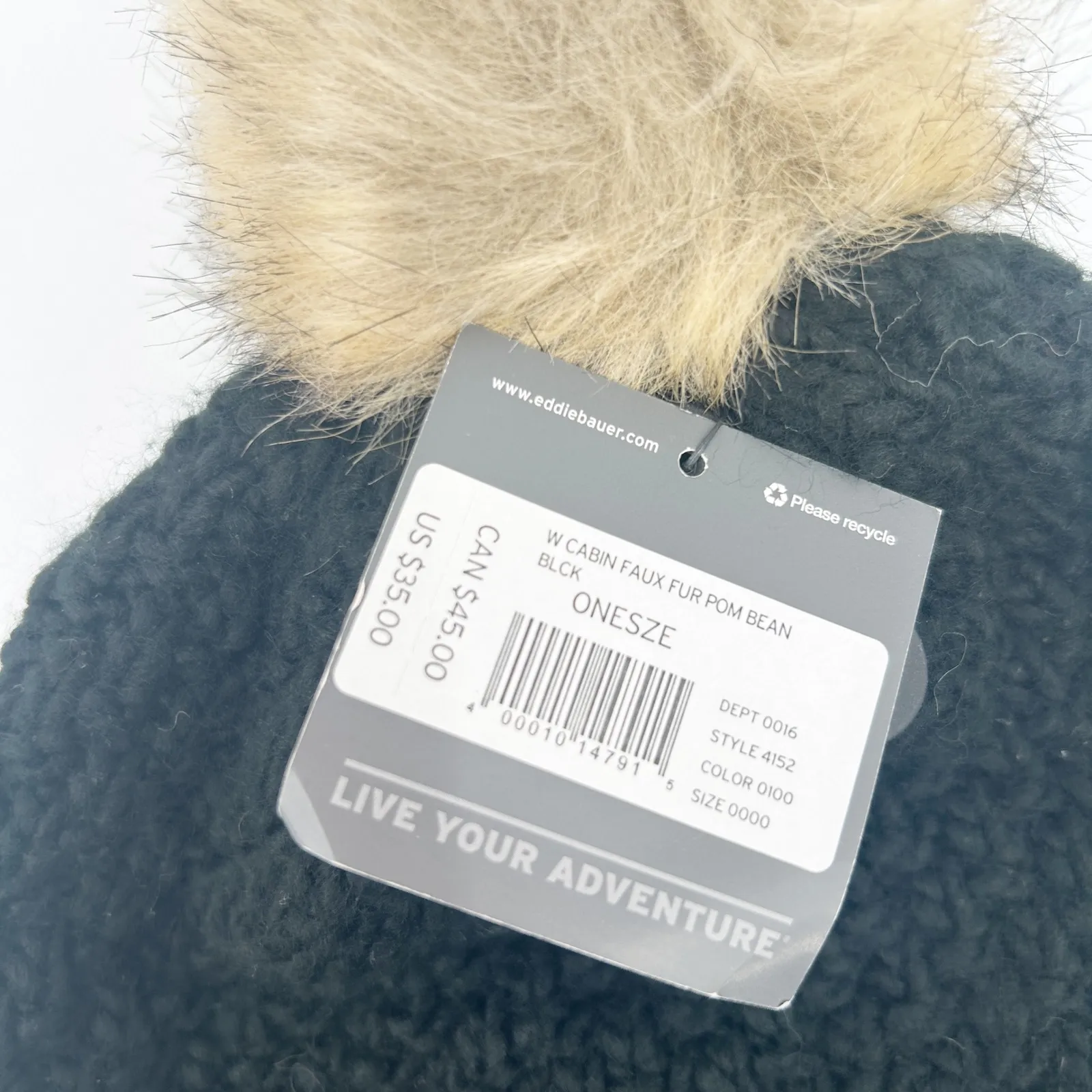 NWT Eddie Bauer Womens Cabin Faux Fur Pom‎ Pom Beanie Black Knit Winter Hat - Image 4