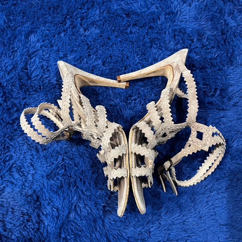 Manolo Blahnik Beige Cage Suede Strappy Heels - Image 11