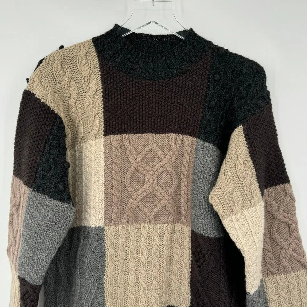 L.L. Bean 100% wool sweater vintage crew pullover patchwork chunky fisherman M Tan Size M - Image 2