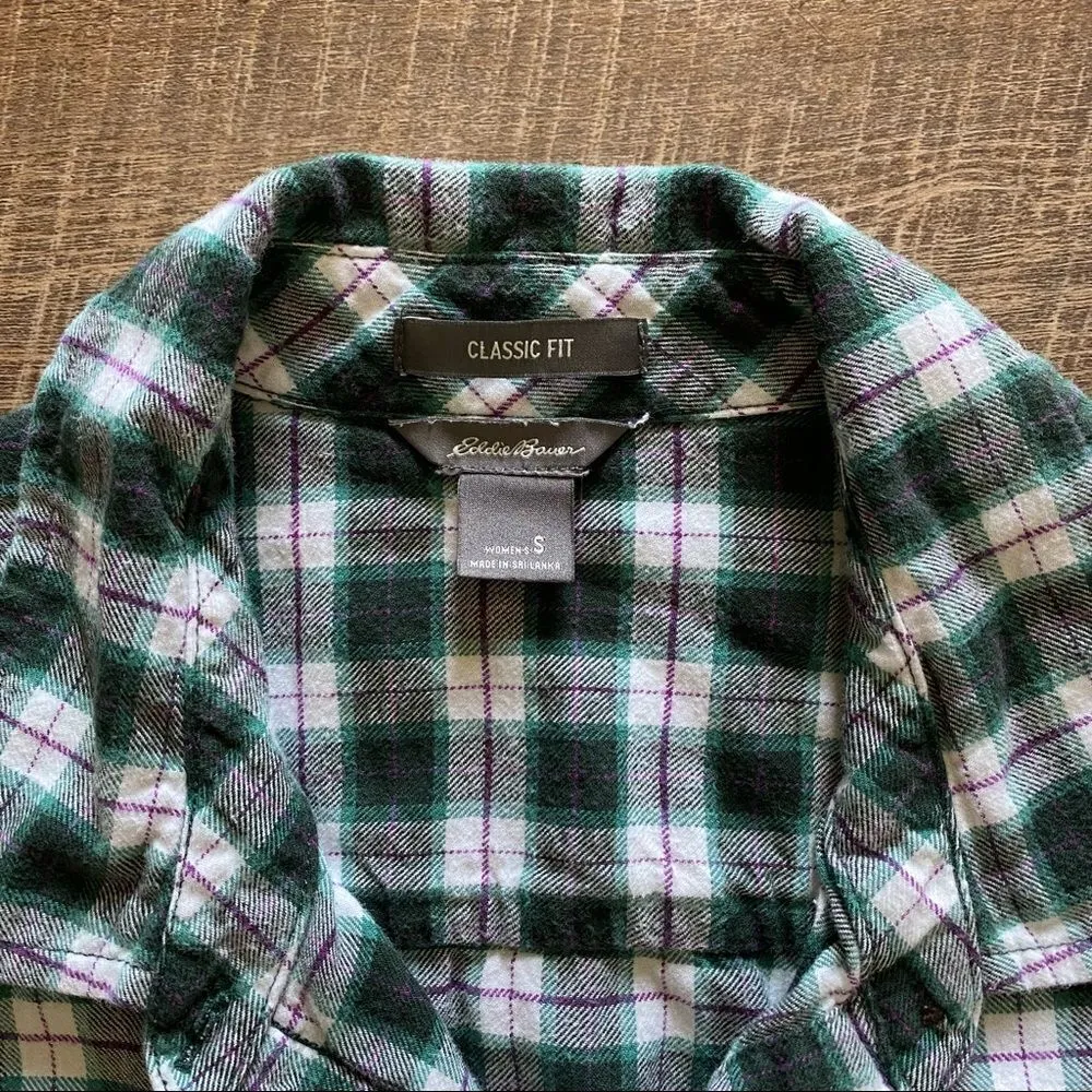 Eddie Bauer Plaid Shirt Button Down Green Purple Classic Fit Small - Image 3