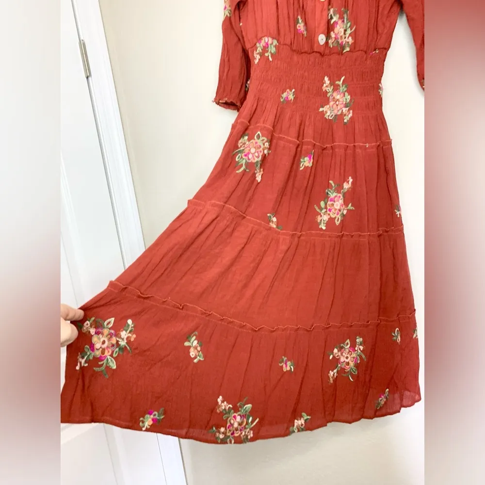 Anthropologie Fig and Flower Embroidered Smocked Tiered Ruffle Dress Size L - Image 4