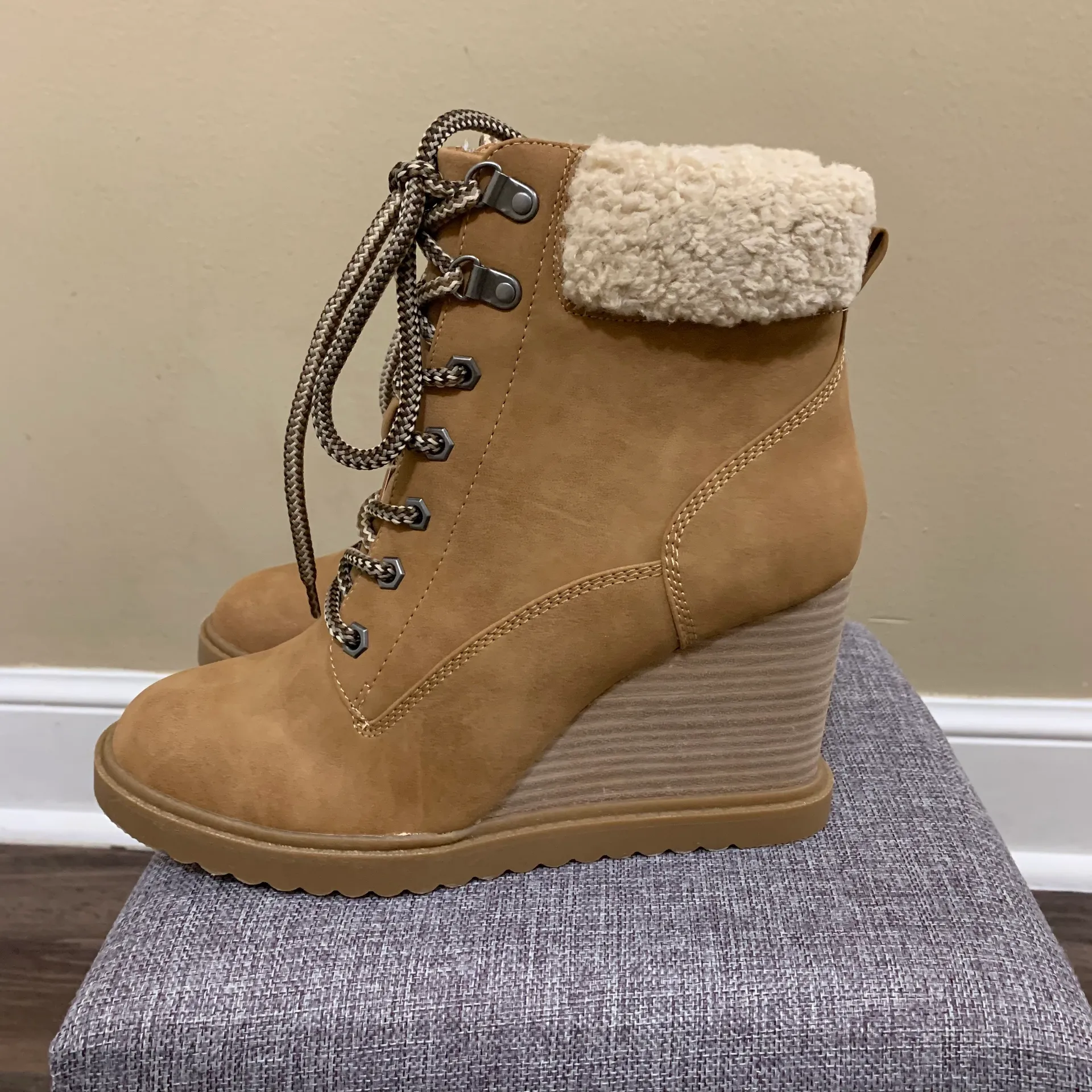 DV  Tan Sherman Lace Up Wedge Booties - Image 5