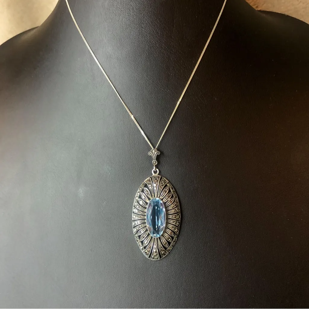 Sterling Silver Necklace with Faceted Blue Topaz and Marcasite Oval Pendant - Image 3