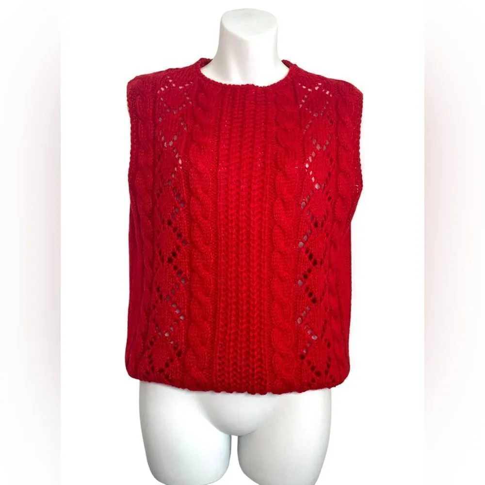 Vintage Crochet Cable Knit Sleeveless Vest Red Medium - Image 7