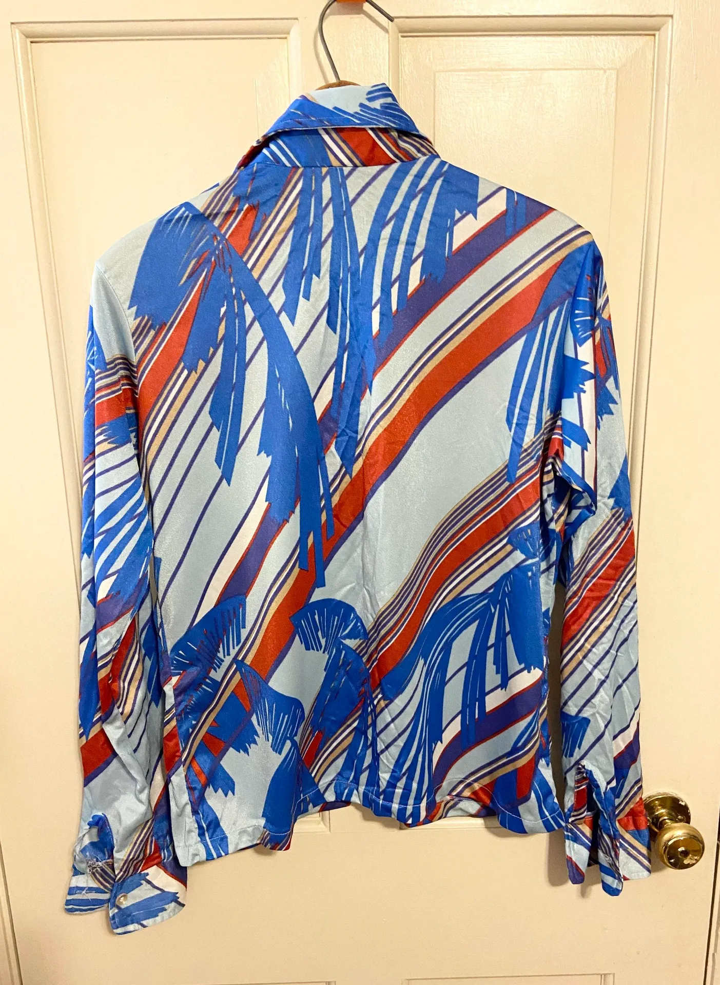 Bedline Vintage blue 70s silky button up retro geometric blouse Size M - Image 2