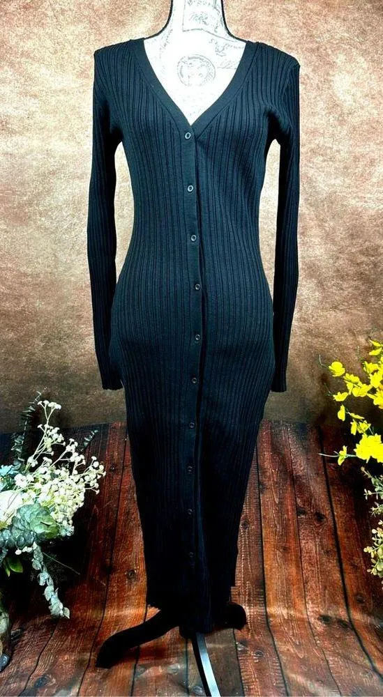 LITA By Ciara Icon Rib V Neck Cardigan Button Front Midi Dress Black M Size M - Image 9