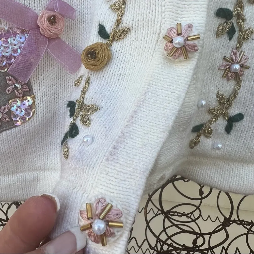 Vintage 90s BP Designs pastel romantic Christmas button down cardigan sweater White - Image 9