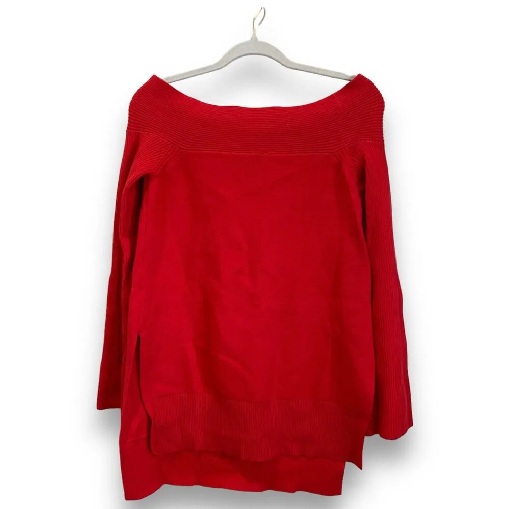 ANTHROPOLOGIE Elise Ribbed Tunic Sweater Off Shoulder Red Size XS Bell Sleeves - Image 3