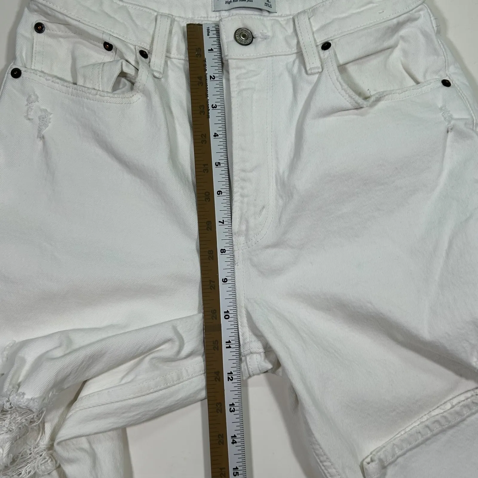 Abercrombie & Fitch High Rise Mom Jeans Curve Love Distressed‎ White Denim 27/4R - Image 10