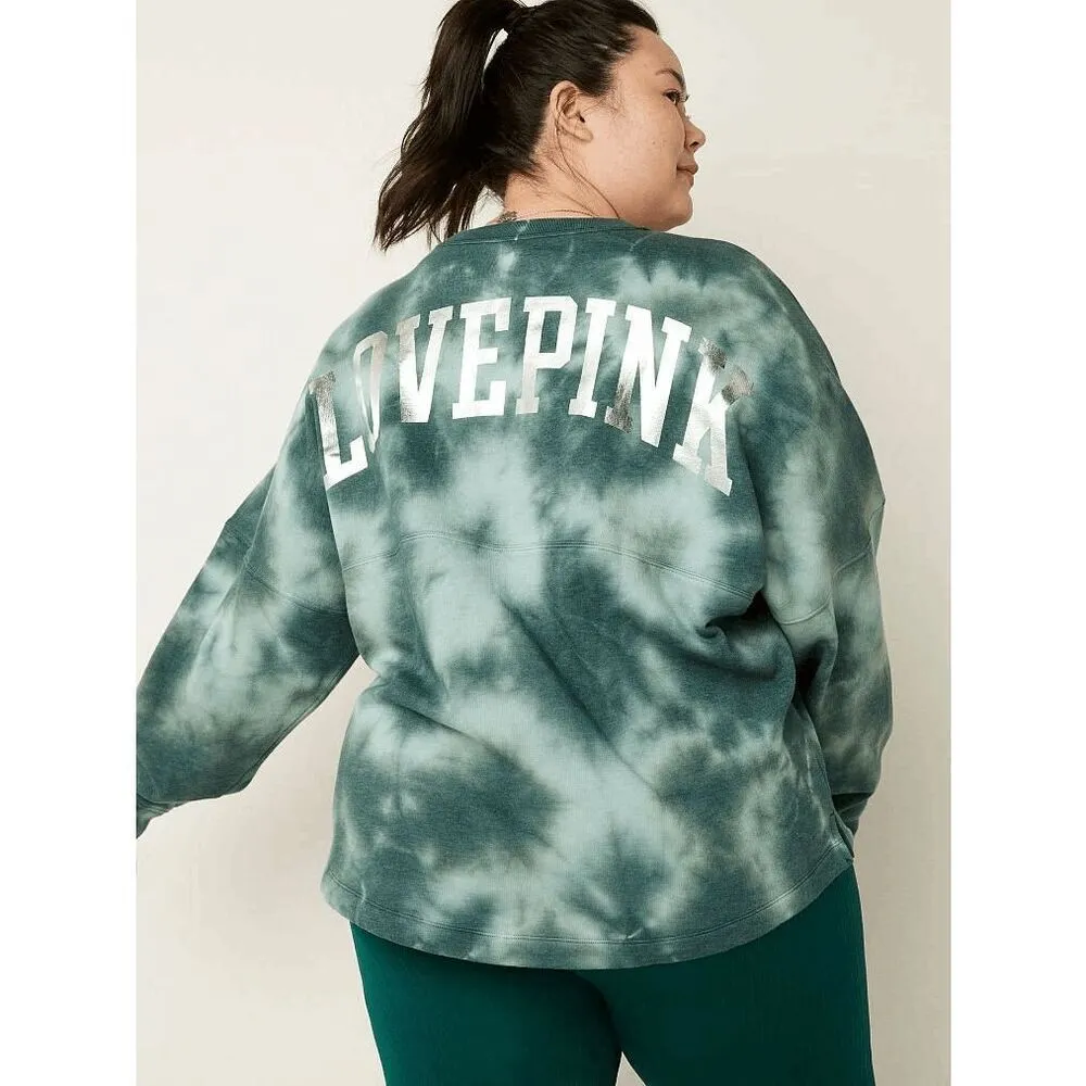 PINK Victorias Secret Green Silver Logo Tie Dye Varsity Crew Sweatshirt Medium - Image 10