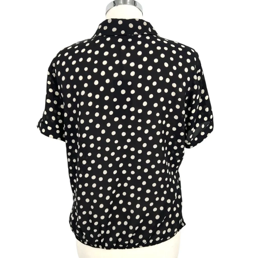 W5 Polka Dot Button-Up Twist Hem Blouse Short Sleeve Black White Size Medium NWT - Image 7